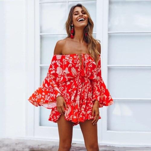 Womens Summer Sexy Off-Shoulder Small Flare Sleeve Ruffle Collar Casual Jumpsuit