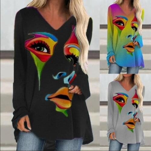 Women Autumn New Style V-neck Pullover Top Loose Long-sleeved Face Print T-shirt Casual Plus Size Ladies T-shirt Tee Shirt Femme