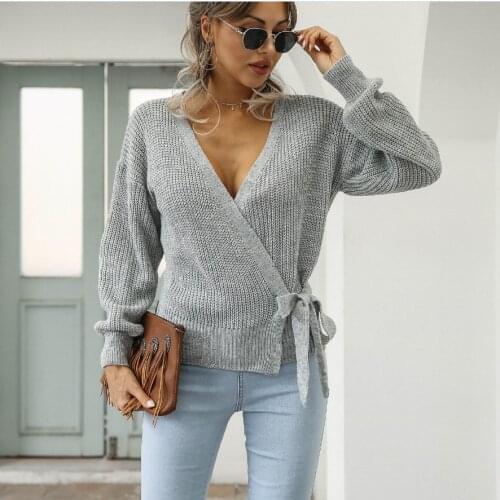Sexy V-neck Knitted Top Womens 2021 European and American Fall/winter Fashion Casual Lace Pullover Sweater