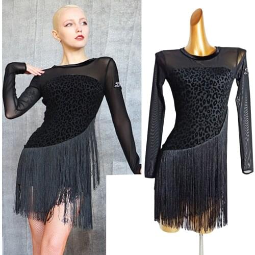 2021 Latin Dance Dress Women Black Leopard Long Sleeves Fringed Dress Sexy Dance Costume Prom Performance Rumba Clothes VDB3297
