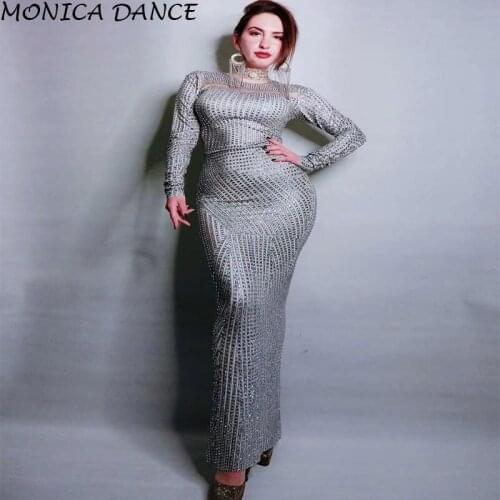 Women Sexy Rhinestone Long Sleeves Sparkly Dress Sexy Stage Outfit Birthday Party Celebrate Women Dance Dress Dance Outfit
