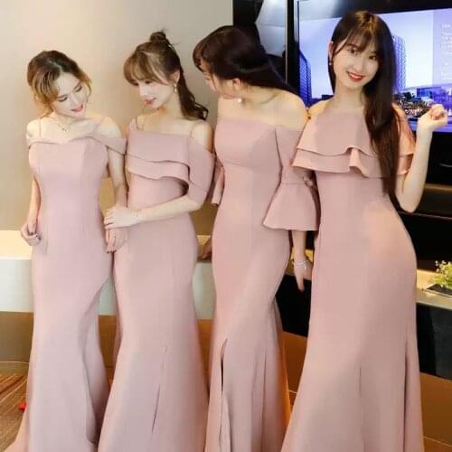 Bridesmaids Dresses Vintage Short Boat-Neck A-Line Jersey Off The Shoulder Elegant Soybean Pink Women Wedding Party Gown E630