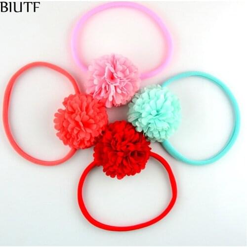 100pcs/lot Strong Elastic Spandex Nylon Headband with Fabric Chiffon Pompom Flower Ball girl Head Band Headdress FDA220