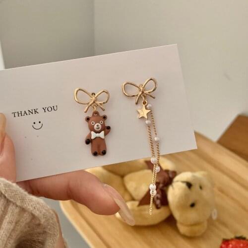 2021 New Cute Cartoon Cute Bear Earrings Beautiful Bow Asymmetric Ear Stud Temperament Pearl Tassel Women Jewelry