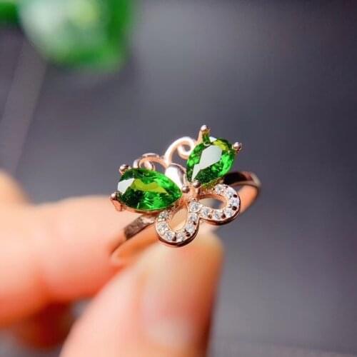 Butterfly Natural Diopside ring Free shipping Natural green diopside 925 sterling silver Fine jewelry ring For men or women