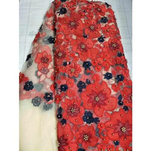 Large red applique beads decorated with French lace and lace with African sewing lace classic and unique