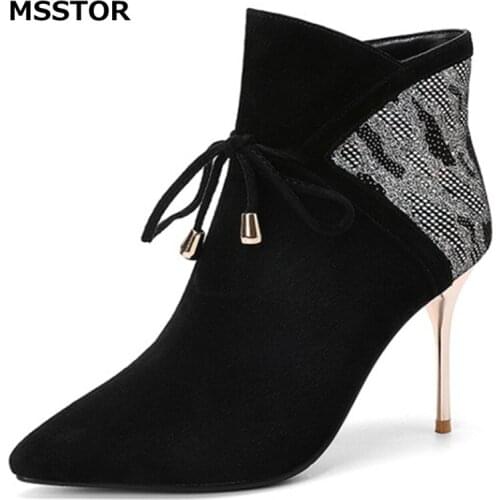 Mixed Colors Ankle Boots Women Lace-Up Pointed Toe Thin Heels Black Shoes Women Hight Heels Kid Suede Winter Shoes Fashion