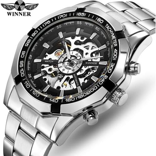 WINNER Men Watch Top Luxury Brand Mens Self Winding Mechanical Watches Fashion Alloy Skeleton Waterproof Clock Male Wrist Watch
