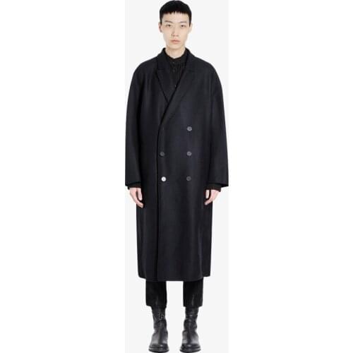 Black loose woolen coat men OVERSIZE drop shoulder double-breasted green fruit collar coat