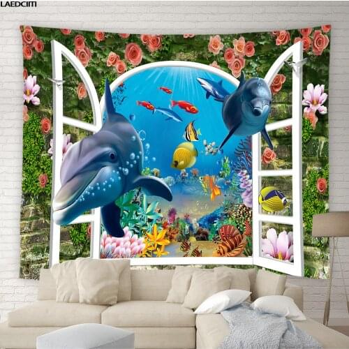 Dolphin Ocean Scenery Tapestry Flowers Green Plants Vines Brick Window View Background Wall Hanging Living Room Bedroom Decor