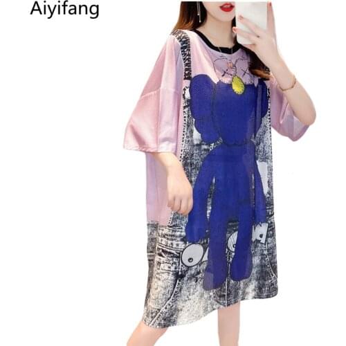 Plus Size TShirt Tees Korean Womens Summer Short Sleeve Oversize T-shirts Tops Street Fashion Cartoon Print Loose Long T-Shirt