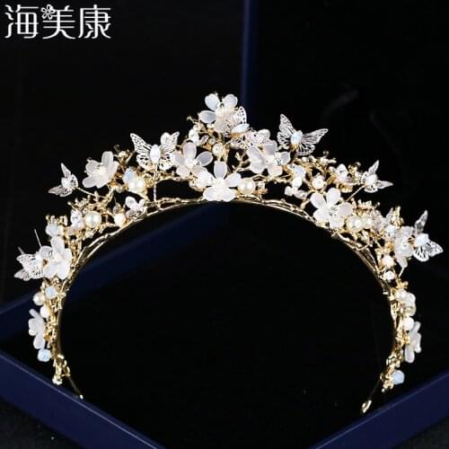 Haimeikang Trendy Butterfly Flower Crystal Gorgeous Crown Tiaras Headdress Gold Baroque Crown Wedding Accessories Bridal Jewelry