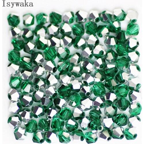 Isywaka Green Silver Color 100pcs 4mm Bicone Austria Crystal Beads charm Glass Bead Loose Spacer Bead for DIY Jewelry Making