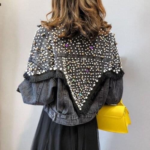 New Bomber Jacket Lady Street wear Denim Coat Womens Beaded Punk Styles Tassel Veste Femme Short Jeans Coats Chaquetas Mujer