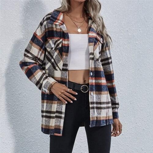 Spring Autumn Women Fashion Retro Plaid Button Down Jacket Casual Long Sleeve Loose Fall Lapel Coat with Pocket Daily Wear Tunic