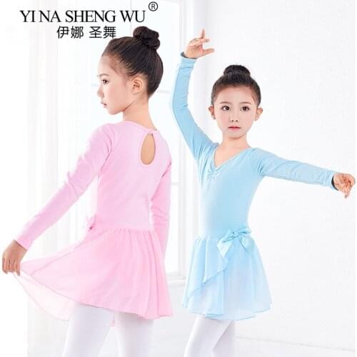 Summer Kids Girl Ballet Gymnastics Leotard Dress Performance Long/Short Sleeve Dance Leotard Dancewear Clothes With Chiffon Tie