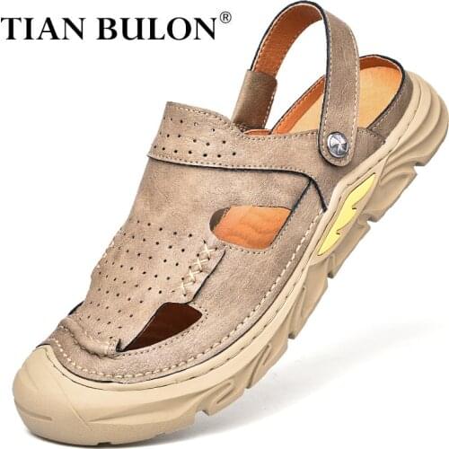 Summer Men Casual Sandals Genuine Leather Outdoor Slippers Handmade Breathable Loafers Men Designer Beach Shoes Plus Size 38-46