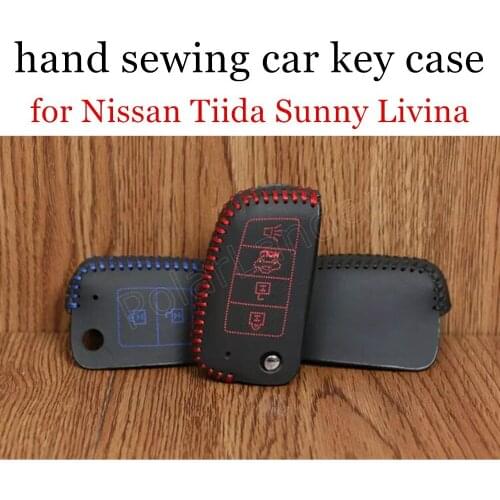 Only Red best selling car key case Genuine leather Hand sewing car key cover DIY fit for Nissan 4 button Tiida Sunny Livina