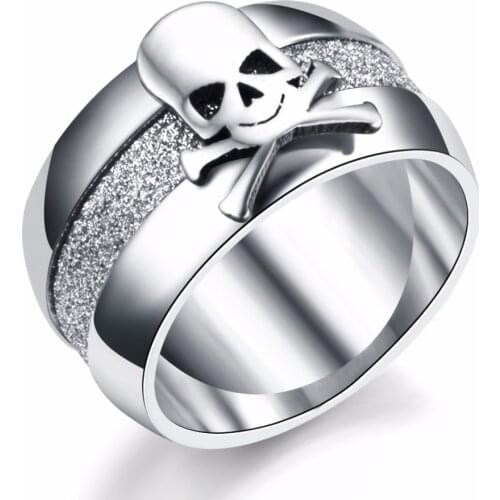 MANGOSKY 10mm Rhodium Plated Punk Pirate Skull Ring Vintage Dull Polish Rings For Men Women 316L Stainless Steel Charms JR2197