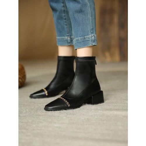 Ochanmeb Luxury Brand Metal Chain Natural Genuine Leather Boots Women Medium Block Heels Zipper Ankle Boots Woman Dress Shoes 42