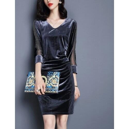 Autumn Women Dresses velvet V-neck Asian Size Dresses Long Sleeve Winter Party Female Dresses Korean Style Elegant Clothing