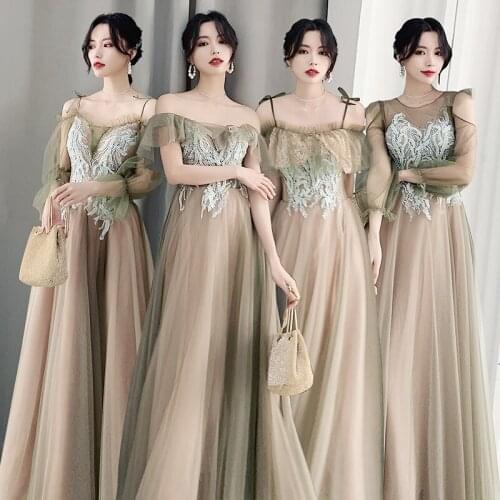 Bridesmaids Dress Illusion Embroidery Sequined Beading V-Neck Floor-Length Off The Shoulder A-Line Women Wedding Party Gown E277