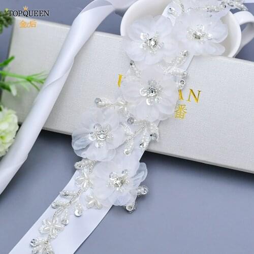 TOPQUEEN Luxury Bridal Wedding Belt Applique Belt with Flower Bridal Accessories Sash Womens White Flower Belts Waist Belt S249