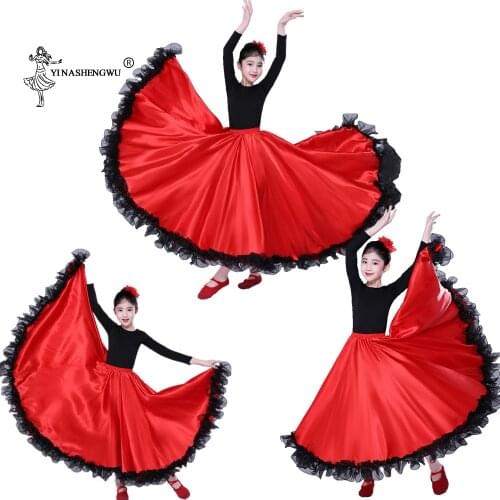 Satin Solid Spanish Flamenco Skirt Lace Up Female Belly Dance Costumes 360-720 Degree Girls Kids Ballroom Mother Daughter Dress