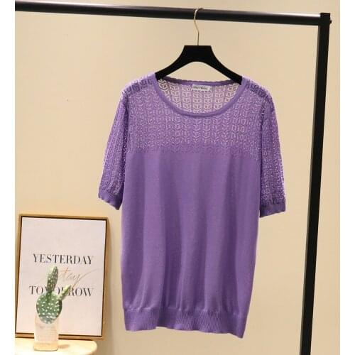 Women tunic plus size 2021 loose Summer women tops Ice silk cotton linen O-Neck hollow out knitted purple black Woman T-shirts