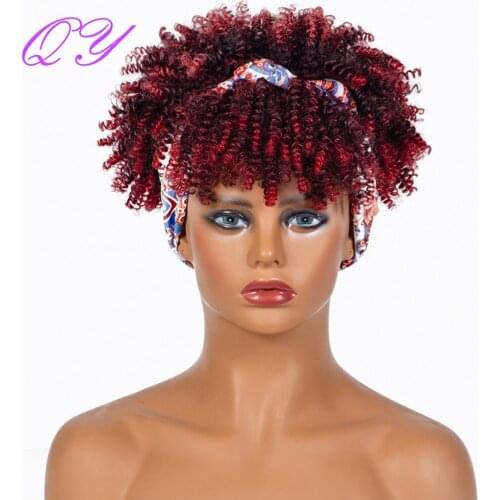 11inch Womens Headband Synthetic Wig Red Ombre Nature Soft Afro Kinky Curly Wig High Temperature Hair Tie Daily Wear Full Wigs