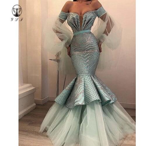2019 New Arrival Off the Shoulder Deep Sweetheart Bling Bling Long Sleeve Trumpet Prom Dresses