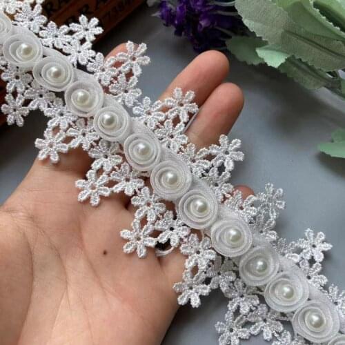 2 Yards Soluble White Tassel 3D Pearl Floral Embroidered Lace Trim Applique Fabric Ribbon Sewing Craft For Wedding Costume Hat