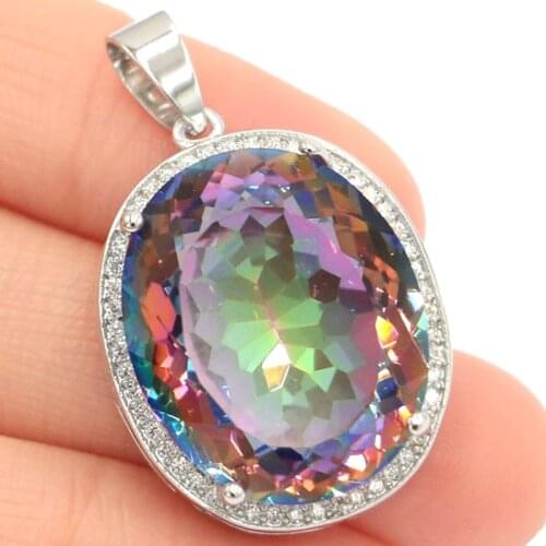 34x21mm Big European Design Jewelry Set Created Fire Rainbow Mystic Topaz White CZ Womans Engagement Silver Pendant Earrings