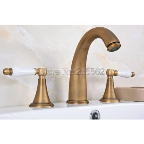 Antique Brass 3 Hole Widespread Bathroom Basin Faucet Deck Mounted Vessel Sink / Bathtub Dual Handle Mixer Taps lan083