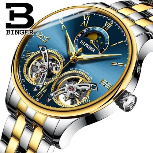 Switzerland Brand BINGER Top Mens Watches Luxury Sports Military Watch Automatic Mechanical Stainless Steel Men Tourbillon Watch