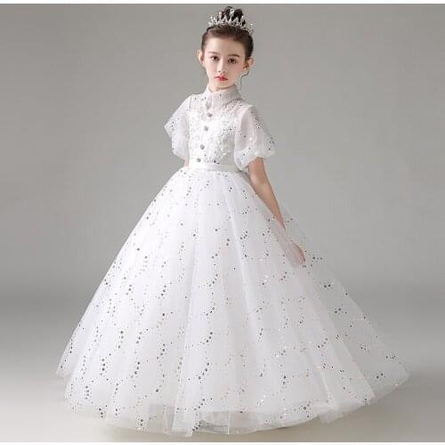 Flower Girl Dress Appliques Princess Lace Sequined Ball Gown Floor-Length Tulle Pearls Beading Embroidery Kids Party Skirt H099