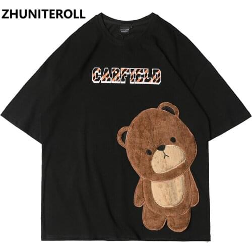 Harajuku 2021 Chinese Men T Shirt Embroidery Cartoon Bear T-shirts Hip Hop Summer Fashion Cotton Short Sleeve Tops Tee Clothing