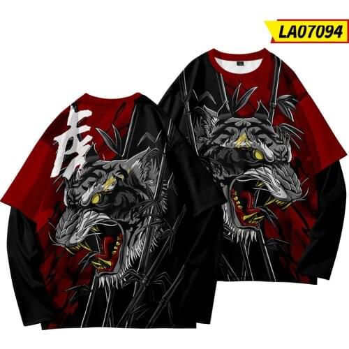 Harajuku Long Sleeve Round Neck T-Shirt Streetwear Men Fake Two Pieces Black Tiger Print T Shirt
