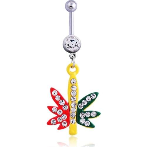 2016Hot 316 surgical steel colorful crystal Sale Maple Leaf belly ring navel ring body jewelry Valentines Day gifts Pendant