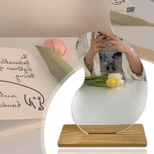 Ins Hot Sale Acrylic Makeup Mirror with Wooden Base Stand Irregular Edge Desktop Cosmetic Mirror Home Tabletop Decorations
