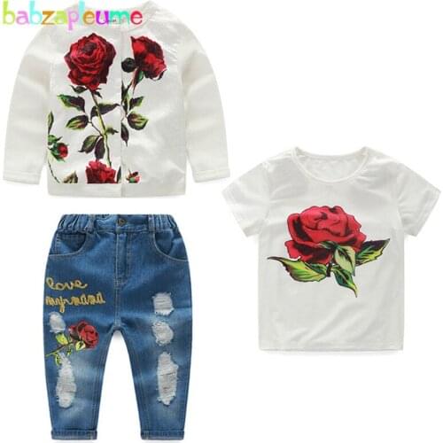 3Piece/3-10Years/Spring Autumn Children Clothing Set Fashion Flowers Jacket+T-shirt+Jeans Baby Girls Outfits Kids Clothes BC1253