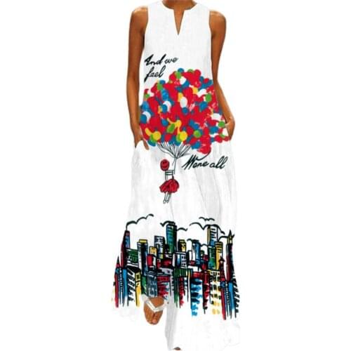 Summer Women Dress Sleeveless Digital Print V Neck Pockets Loose Boho Maxi Dress Elegant Party Vintage Clothes vetement femme