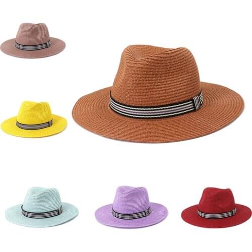 Summer womens hat travel sunshade color top hat British style men and women outdoor jazz hat sunscreen straw hat Panama hat