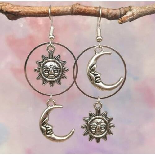 Fashion Sun and Moon Earrings, Witch Asymmetrical Earrings, Gothic Hoop Earrings, Celestial Jewelry Punk Hoop Jewelry