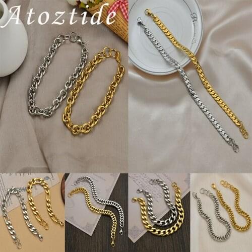 Atoztide Punk Curb Cuban Chain Bracelets Set Mens Simple Stainless Steel Adjustable Bangles Women Charms Fashion Couple Jewelry