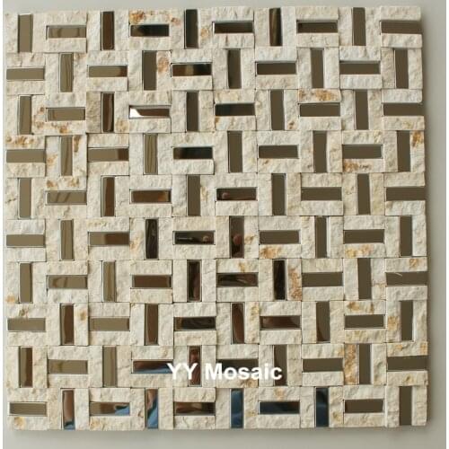 New Arrival Marble Stone Gold Metal Mirror Puzzle Mosaic Wall tile for fireplace Kitchen Backsplash shower wall stickers