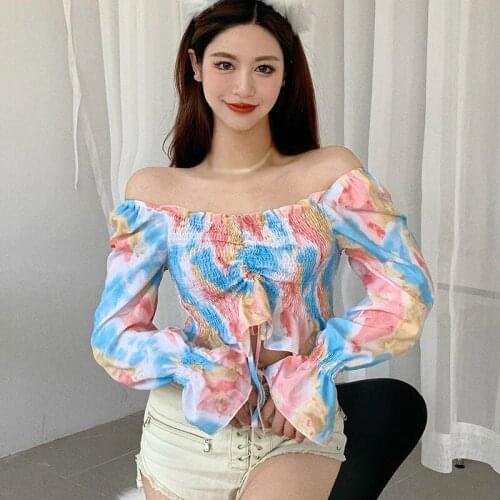 New Chiffon Blouses Graffiti Print Summer Long Sleeve Top for Ladies Off Shoulder Vintage Womens Top
