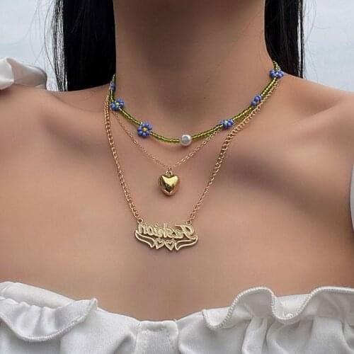 Origin Summer Hiphop Multi-layer Flower Beaded Chokers Necklace for Women Love Heart Gold Letter Metallic Necklace Jewelry