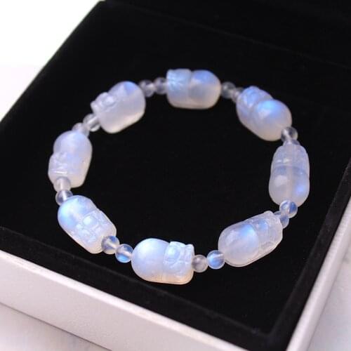 Genuine Natural Blue Light Moonstone Clear Pi Xiu Beads Bracelet Bangles 10x8mm Stretch Women Men Crystal Fashion Stone AAAAA