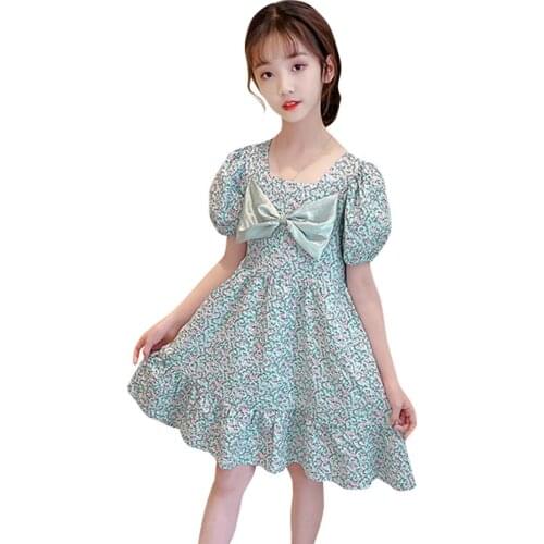 Girls Dress Bow Dress For Girl Floral Pattern Dress For Kids Summer Costume For Girls 6 8 10 12 14